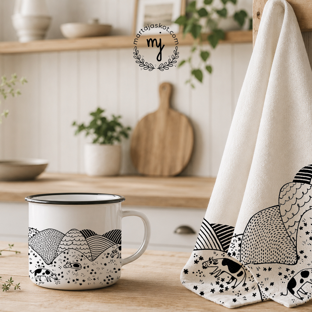 Enamel mug and tea towel with adorable hand-drawn, black and white illustration of cows grazing the hills. The line is playful and a little wonky what gives us peaceful, cheerful illustration.